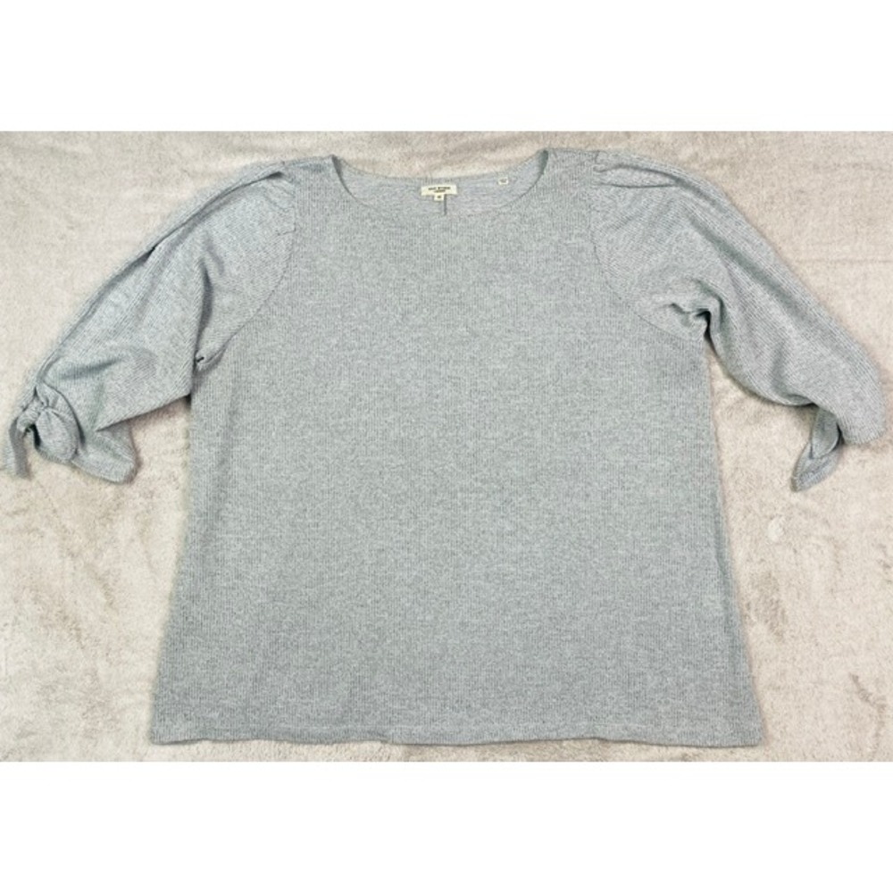 Max Studio London Blue Ribbed Knit 3/4 Puff Sleeve Tie Cuff Sweater Women's Med